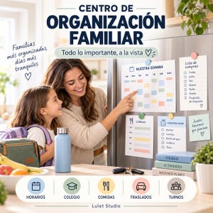 Può includere: Un kit per l'organizzazione familiare con un calendario settimanale, lista della spesa, pianificatore dei pasti e lista delle cose da fare fissati a un frigorifero con magneti. Il set include fogli stampati con testo in spagnolo, icone colorate ed etichette per orari, scuola, pasti, trasporti e turni.