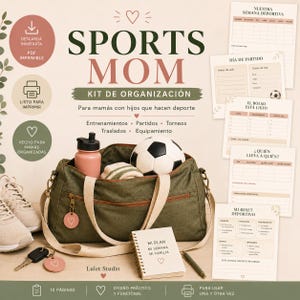 Puede incluir: Un kit de organización deportiva que incluye una bolsa de deporte verde, un balón de fútbol, una botella de agua rosa, un cuaderno de espiral y varias hojas de planificación imprimibles con el texto "SPORTS MOM" y "KIT DE ORGANIZACIÓN".