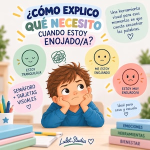 May include: An educational poster titled ¿CÓMO EXPLICO QUÉ NECESITO CUANDO ESTOY ENOJADO/A? featuring a cartoon child with brown hair and a blue sweater. It includes colorful speech bubbles with emotion icons, text labels, and the Lulet Studio logo.