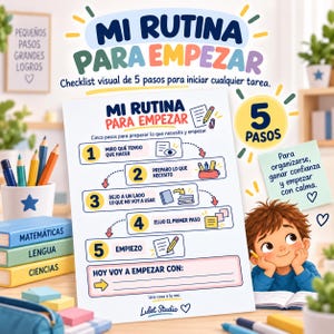 May include: A visual checklist titled MI RUTINA PARA EMPEZAR featuring five numbered steps for task preparation. The document includes icons for each step, a section to write what to start with, and the text Lulet Studio at the bottom.