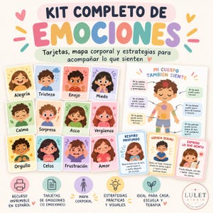 Pode incluir: Um kit completo de emoções com doze cartões ilustrados representando vários sentimentos como alegria, tristeza e raiva, juntamente com um mapa corporal intitulado Mi Cuerpo También Siente e três cartões com estratégias de regulação.