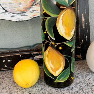 Lighted wine bottle. Kitchen decor. Patio light. Summer decor. Lemons. LED lights. Housewarming gift. Summer home decor
