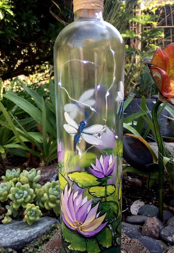 Lighted Wine Bottle Water Lilies Table Centerpiece Gift For Etsy