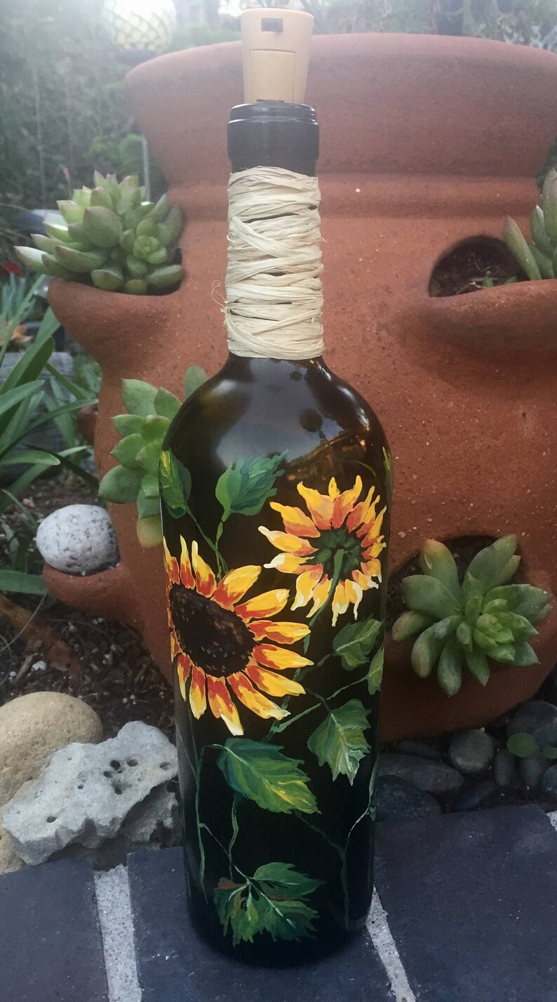 Lighted Wine Bottle. Sunflowers. Table Centerpiece. Gift for Etsy