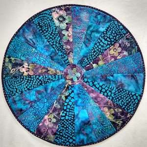 23&quot; Quilted Table Topper: Dresden Pinwheel Centerpiece, Purple & Blue Batik