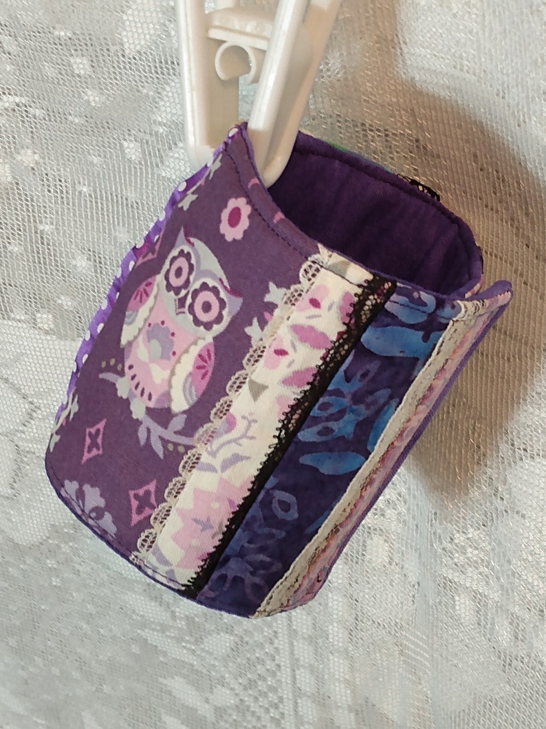 Owl Fabric Patchwork quilted cuff bracelet for 7.5-8 wrist Fiber Art lace trims purple batik accents multi-color fiddle-comfort 9.5 x 3.5