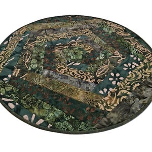 24" Round Batik Shades of Green Crazy Quilt Table topper mosaic patchwork table mat runner Flower Center