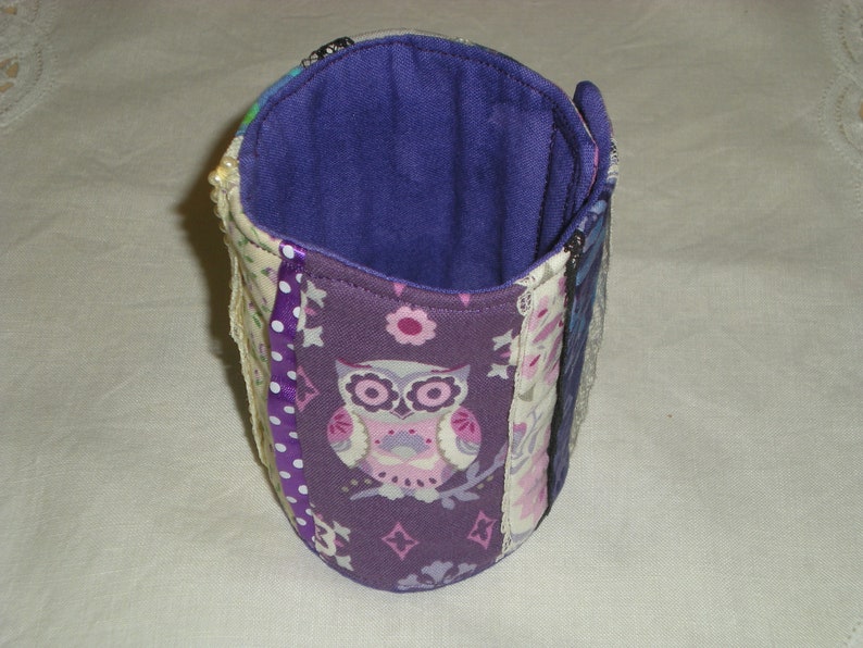 Owl Fabric Patchwork quilted cuff bracelet for 7.5-8 wrist Fiber Art lace trims purple batik accents multi-color fiddle-comfort 9.5 x 3.5