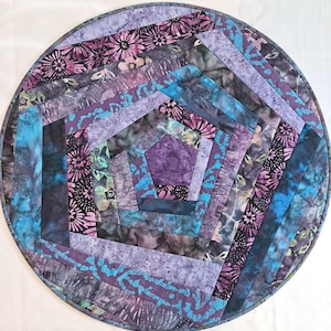 24" Round Purple Shades with blues Batik Quilted Table topper patchwork mosaic table mat runner