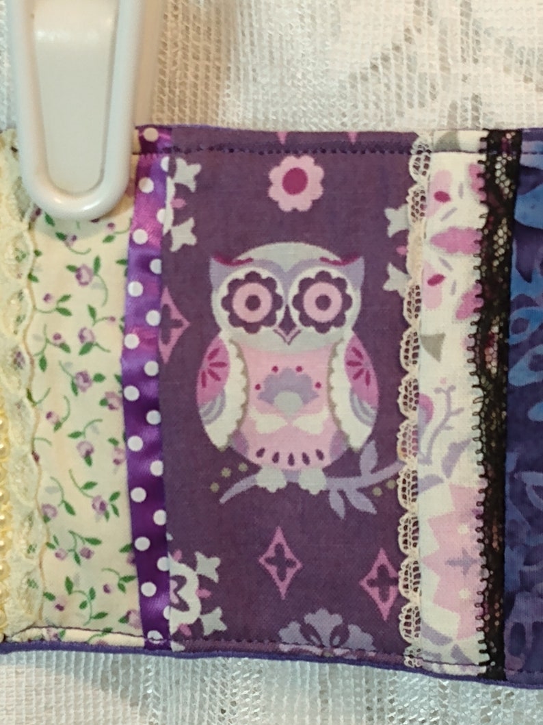 Owl Fabric Patchwork quilted cuff bracelet for 7.5-8 wrist Fiber Art lace trims purple batik accents multi-color fiddle-comfort 9.5 x 3.5