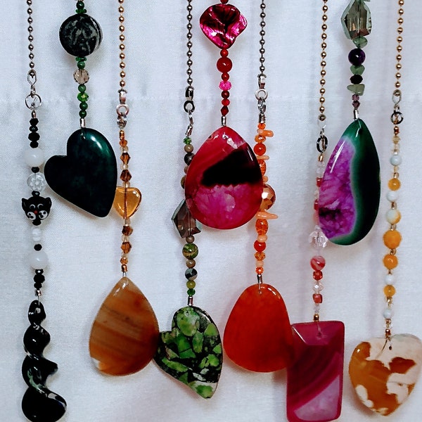 12" Gemstone Fan light Pulls agates hearts ceiling pendants beaded strands & Chain