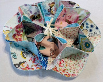 Tea Blossom Dinner roll cozy Butterflies & floral patchwork holder fabric hexagonal bun basket liner server hand crafted NEW