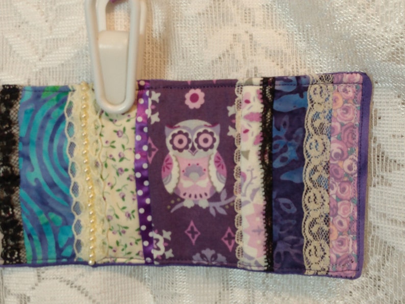 Owl Fabric Patchwork quilted cuff bracelet for 7.5-8 wrist Fiber Art lace trims purple batik accents multi-color fiddle-comfort 9.5 x 3.5