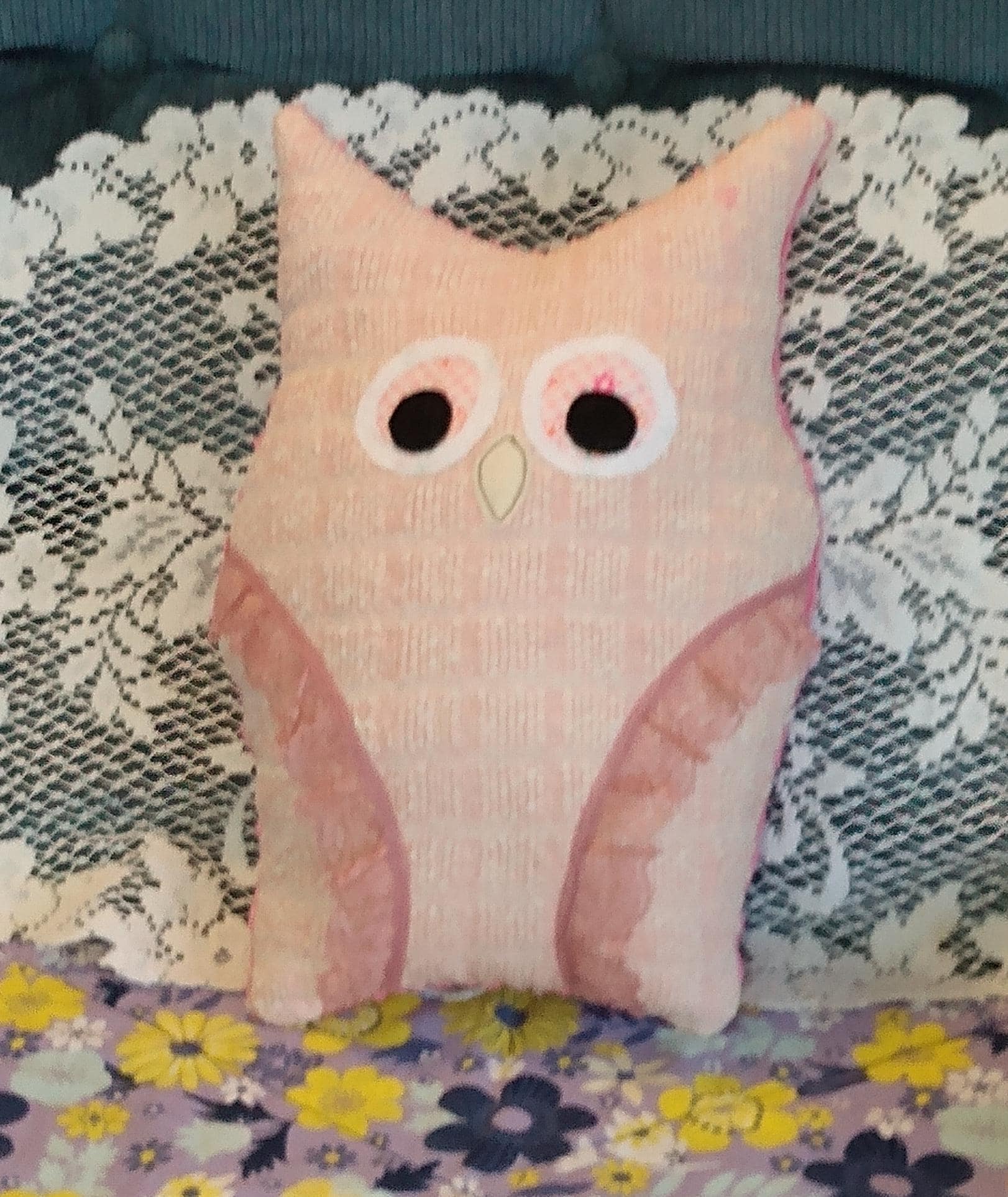 Pink Homespun and chenille Owl Pillow tuck 13" cotton Bird shelf sitter