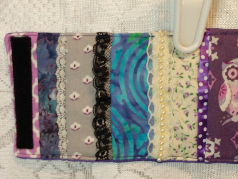 Owl Fabric Patchwork quilted cuff bracelet for 7.5-8 wrist Fiber Art lace trims purple batik accents multi-color fiddle-comfort 9.5 x 3.5