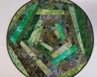 23" Round Batik Gorgeous Greens Crazy Quilt Table topper patchwork table mat runner