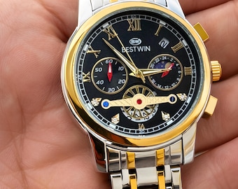 Reloj de lujo para hombre en oro y plata, reloj de pulsera estilo cronógrafo de acero inoxidable, elegante reloj formal para hombre, reloj de regalo de primera calidad.