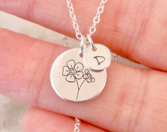 Forget me not necklace - Dainty Personalized tiny initial and flower necklace - Hand stamped Sterling silver