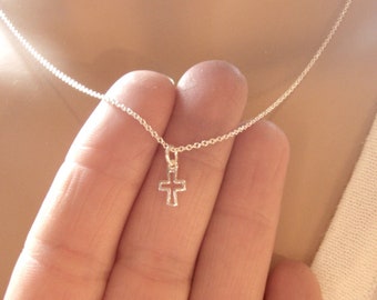 Tiny cross necklace - Dainty, simple silver necklace - Small Sterling silver cross - Mini cross