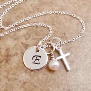 Dainty initial and cross necklace with Pearl or birthstone crystal - Personalized letter charm - Sterling Silver necklace