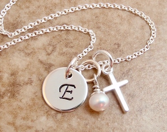 Dainty initial and cross necklace with Pearl or birthstone crystal - Personalized letter charm - Sterling Silver necklace