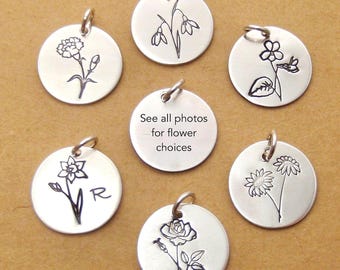 Sterling Silver Birth Flower Charm – Custom Birthday Gift Pendant - Hand stamped jewelry
