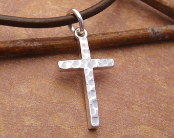 Hammered Sterling Silver Cross Necklace - Minimalist Leather Cord - Small, Simple cross Pendant