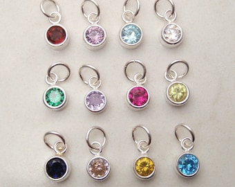 Birthstone charm - Solid Sterling Silver bezel setting - Dainty birthstone pendant - Small, CZ birthstone - Sold Separately