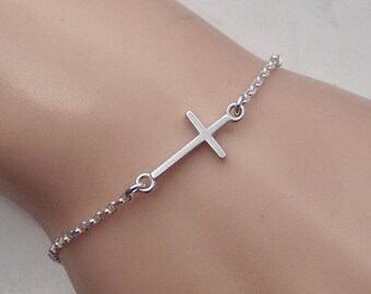 Sterling silver Cross bracelet - Sideways cross bracelet - Goddaughter gift -  Godmother gift  - Sideways cross - Cross charm bracelet