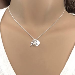 Girl&#39;s small cross and initial necklace - Dainty, Petite, little birthstone necklace - Baptism, First Communion gift - Personalized gifts