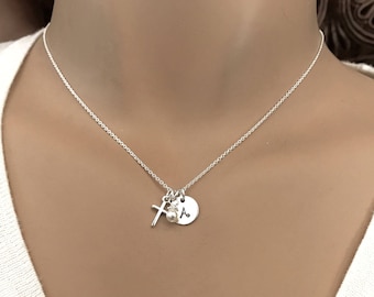 Girl's small cross and initial necklace - Dainty, Petite, little birthstone necklace - Baptism, First Communion gift - Personalized gifts