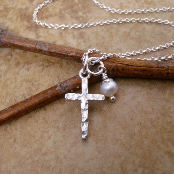 Small Sterling Silver Cross Necklace - Dainty Hammered Cross with Pearl OR Birthstone- Godmother, Goddaughter gift- Woman's, Girl's cross