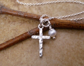 Small Sterling Silver Cross Necklace - Dainty Hammered Cross with Pearl OR Birthstone- Godmother, Goddaughter gift- Woman's, Girl's cross