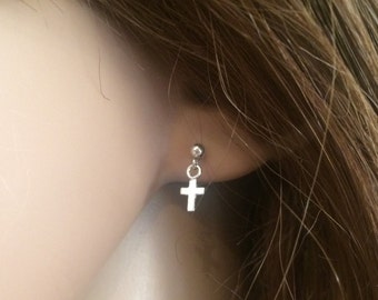 Teeny Tiny Sterling silver cross earrings - Goddaughter gift - Dainty silver earrings - First Communion gift - Small cross earrings