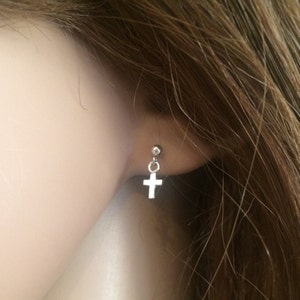 Teeny Tiny Sterling silver cross earrings - Goddaughter gift - Dainty silver earrings - First Communion gift - Small cross earrings