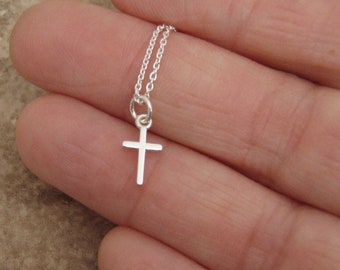 TINY silver Cross necklace - Simple Sterling silver cross - Dainty jewelry - For little girls or women who love TINY jewelry!