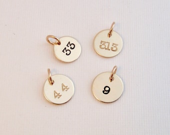 Small Gold Number charm - Team number - Sports mom gift - Jersey number - Lucky number - Hand stamped gold fill coin disc charm