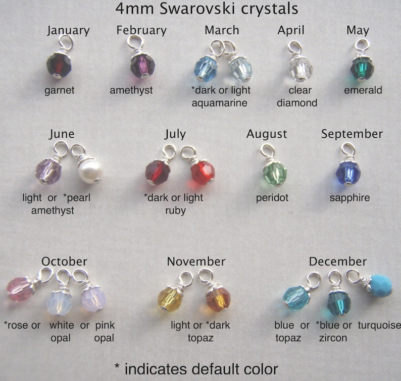 May include: A collection of 4mm Swarovski crystal charms, each representing a month of the year. The charms feature various colors, including garnet, amethyst, emerald, sapphire, and topaz. Text indicates the month and crystal name. The text also indicates the default color.
