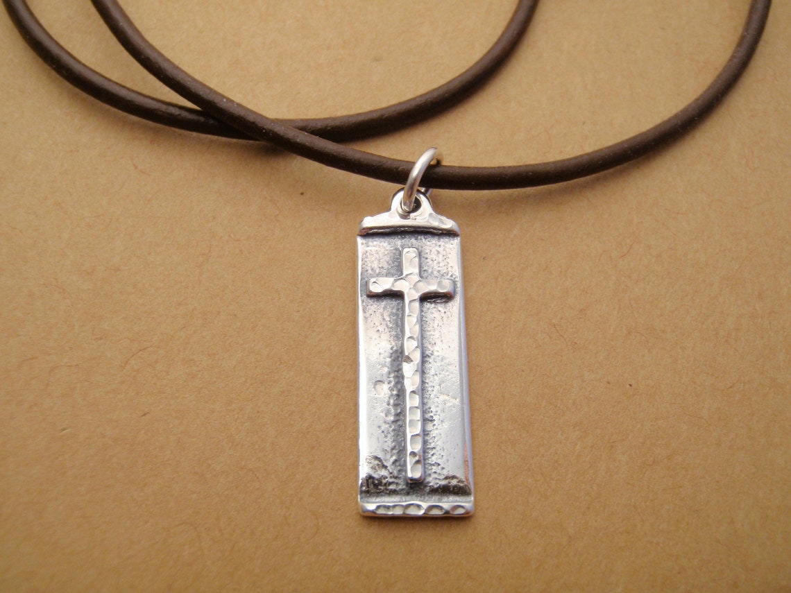 Boys Cross Necklace Sterling Silver Cross on Leather Cord Etsy