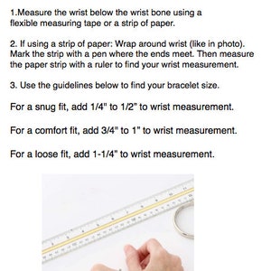 May include: Image showing instructions on how to measure wrist size for bracelets. A green measuring tape and a hand holding a paper strip around the wrist are visible. Text explains the process and provides guidelines for different fits.