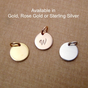 Tiny Rose gold, gold or silver initial charm - Custom Letter coin charm - 8.9mm Initial tag - Dainty, small initial charm - Hand stamped