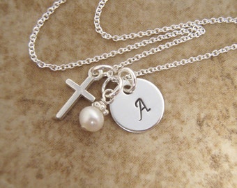 Girl's Cross Necklace - Initial necklace - Goddaughter gift - First Communion Necklace - DAINTY initial and cross - Pearl or Birthstone