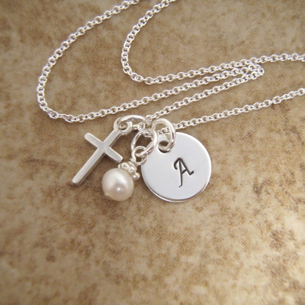 Girl's Cross Necklace - Initial necklace - Goddaughter gift - First Communion Necklace - DAINTY initial and cross - Pearl or Birthstone