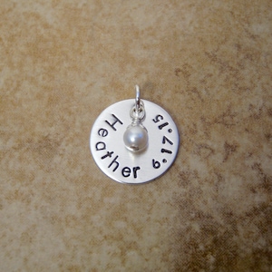 Name Birth date Birthstone charm - Personalized pendant - Hand stamped Sterling silver name disc - Custom necklace charm