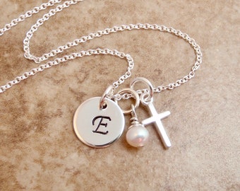 Dainty initial and cross, pearl or birthstone necklace - Personalized letter - Sterling Silver - Keepsake necklace