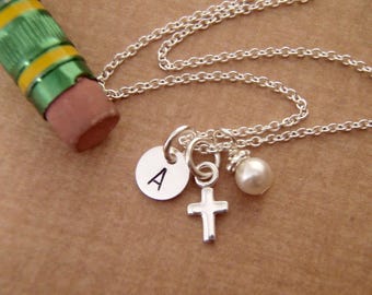 Teeny Tiny cross and initial necklace - Sterling silver necklace - Baby Cross - Mini cross and Initial and birthstone or crystal pearl