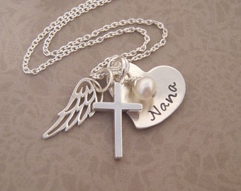 Personalized name and angel wing necklace - Sterling silver cross, wing, heart charm jewelry