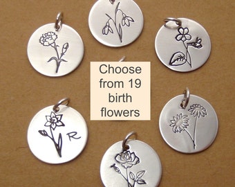 Birth Month flower charm - Hand Stamped floral pendant - Birthday flower - gift for mom, BFF, girl friend, birthday - Sold Separately