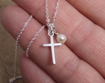 Small cross necklace - Pearl or birthstone accent - Girl's First Communion gift idea - Sterling silver - Goddaughter gift - Godmother gift