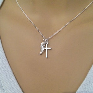 Angel wing necklace - Cross necklace - Godmother gift - Guardian angel - DAINTY sterling silver